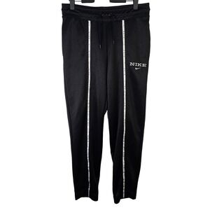 Nike Women's Small Black Track Pants Spell Out Logo White Stripe Joggers‎